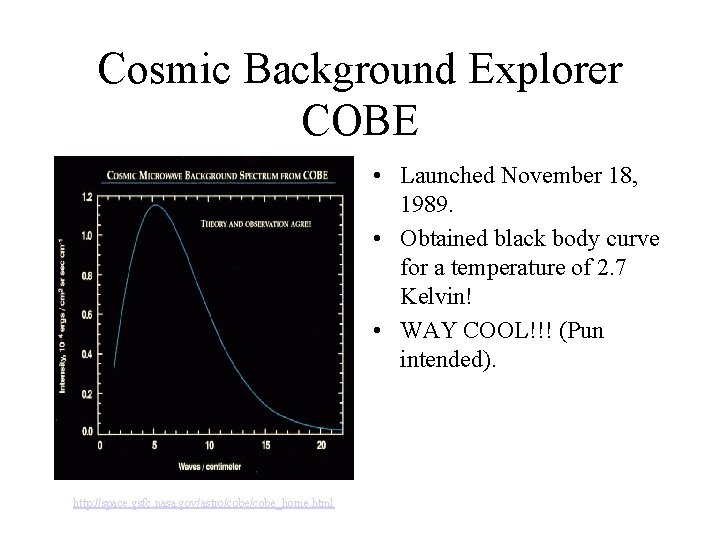 Cosmic Background Explorer COBE • Launched November 18, 1989. • Obtained black body curve
