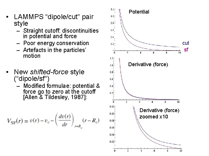  • LAMMPS “dipole/cut” pair style Potential – Straight cutoff: discontinuities in potential and