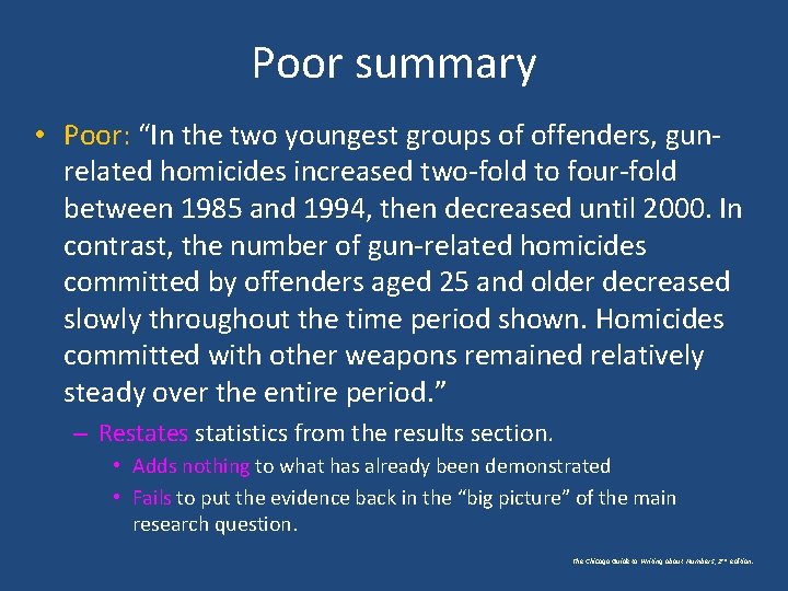 Poor summary • Poor: “In the two youngest groups of offenders, gunrelated homicides increased Poor summary • Poor: “In the two youngest groups of offenders, gunrelated homicides increased