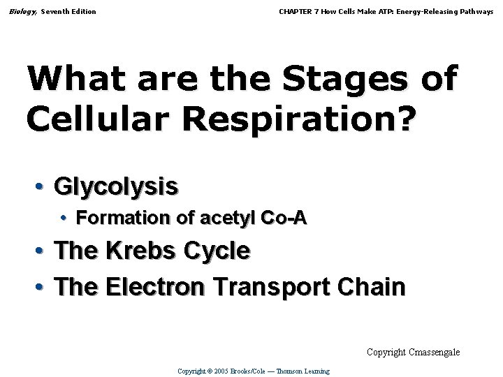 Biology, Seventh Edition CHAPTER 7 How Cells Make ATP: Energy-Releasing Pathways What are the
