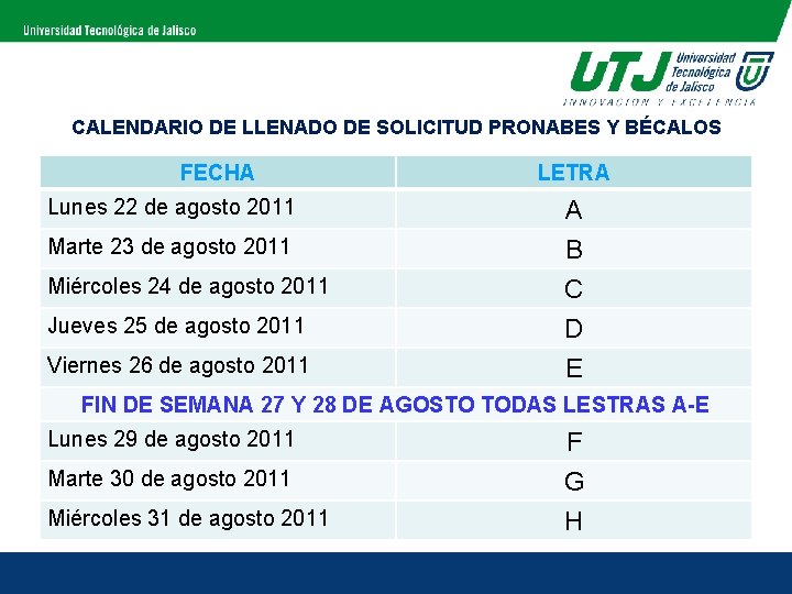 CALENDARIO DE LLENADO DE SOLICITUD PRONABES Y BÉCALOS FECHA Lunes 22 de agosto 2011