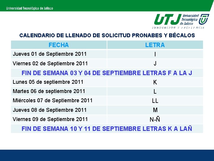 CALENDARIO DE LLENADO DE SOLICITUD PRONABES Y BÉCALOS FECHA LETRA Jueves 01 de Septiembre