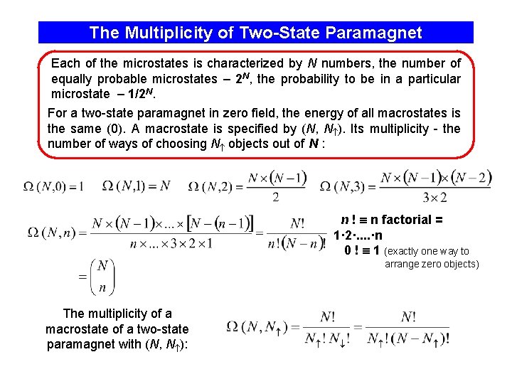 The Multiplicity of Two-State Paramagnet Each of the microstates is characterized by N numbers,