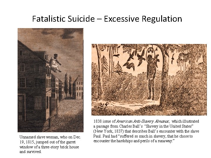 Fatalistic Suicide – Excessive Regulation Unnamed slave woman, who on Dec. 19, 1815, jumped