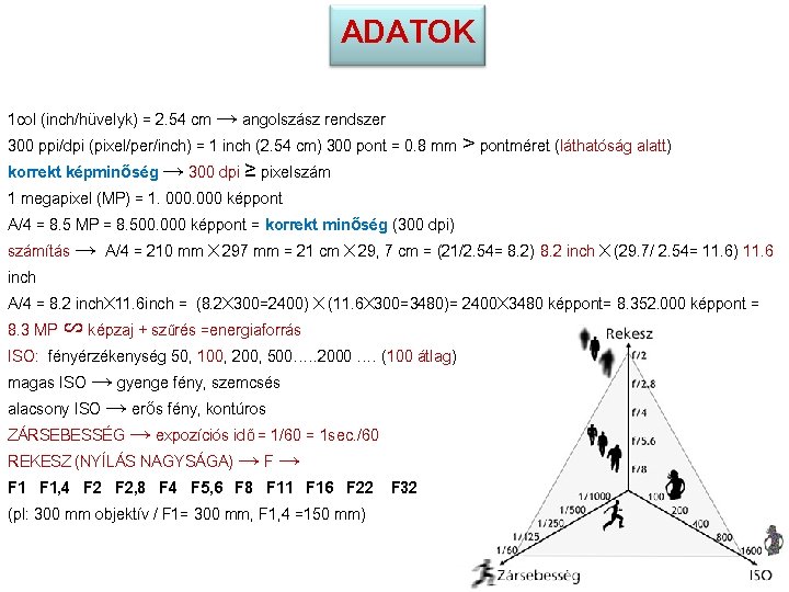 ADATOK 1 col (inch/hüvelyk) = 2. 54 cm → angolszász rendszer 300 ppi/dpi (pixel/per/inch)