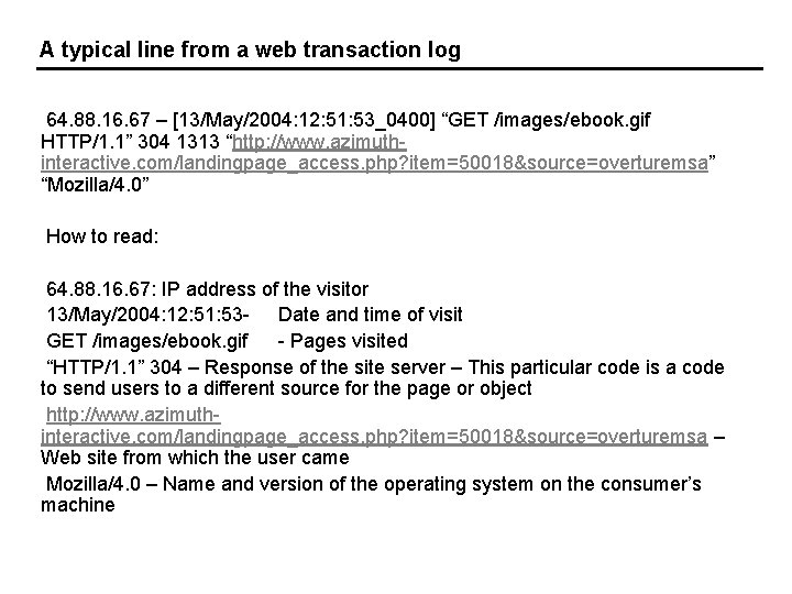 A typical line from a web transaction log 64. 88. 16. 67 – [13/May/2004: