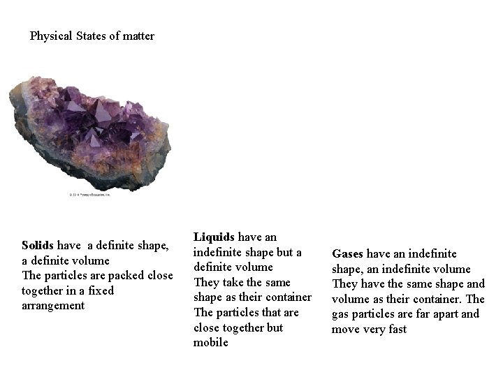 Physical States of matter Solids have a definite shape, a definite volume The particles