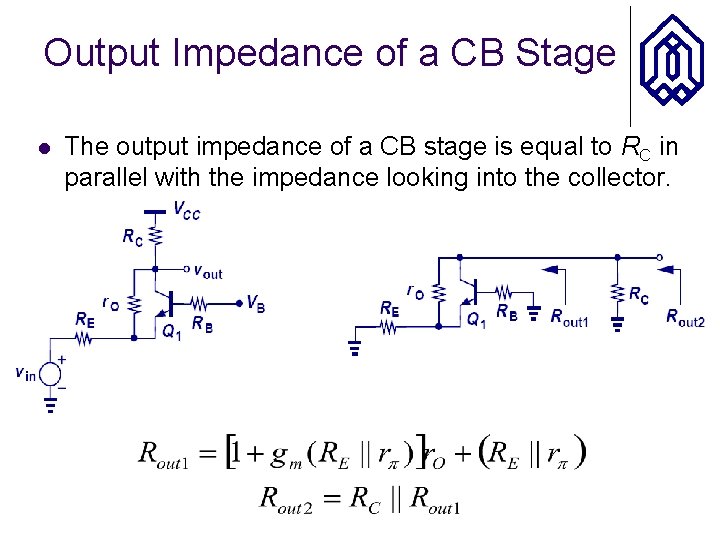 Output Impedance of a CB Stage l The output impedance of a CB stage