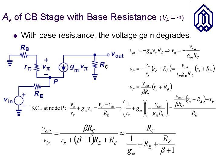 Av of CB Stage with Base Resistance (VA = ∞) l With base resistance,