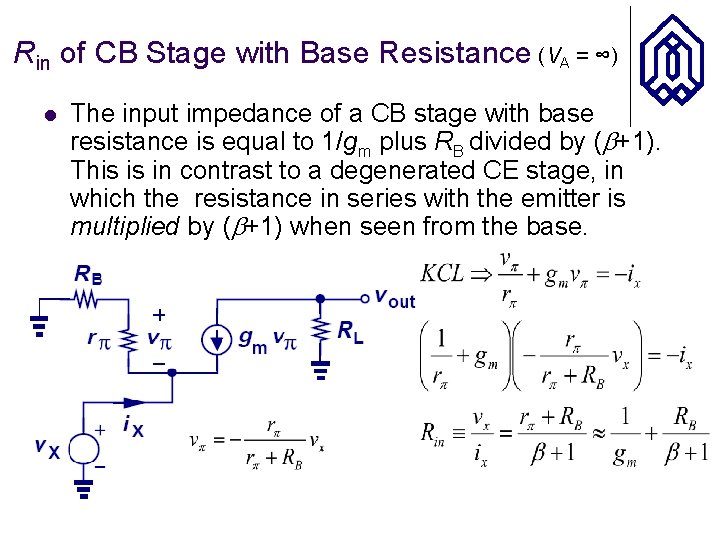 Rin of CB Stage with Base Resistance (VA = ∞) l The input impedance