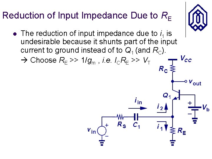 Reduction of Input Impedance Due to RE l The reduction of input impedance due