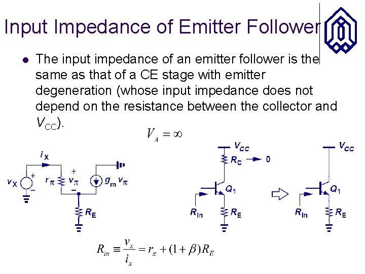 Input Impedance of Emitter Follower l The input impedance of an emitter follower is