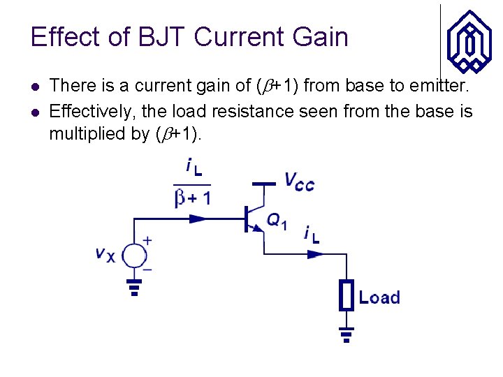 Effect of BJT Current Gain l l There is a current gain of (