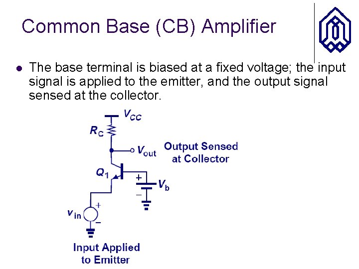 Common Base (CB) Amplifier l The base terminal is biased at a fixed voltage;