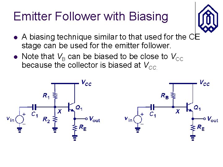 Emitter Follower with Biasing l l A biasing technique similar to that used for