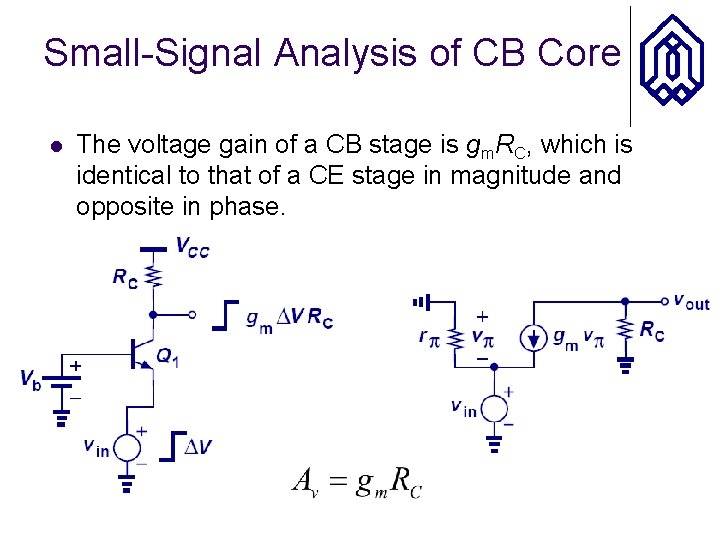 Small-Signal Analysis of CB Core l The voltage gain of a CB stage is