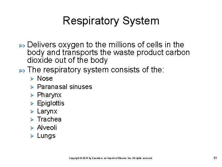 Respiratory System Delivers oxygen to the millions of cells in the body and transports