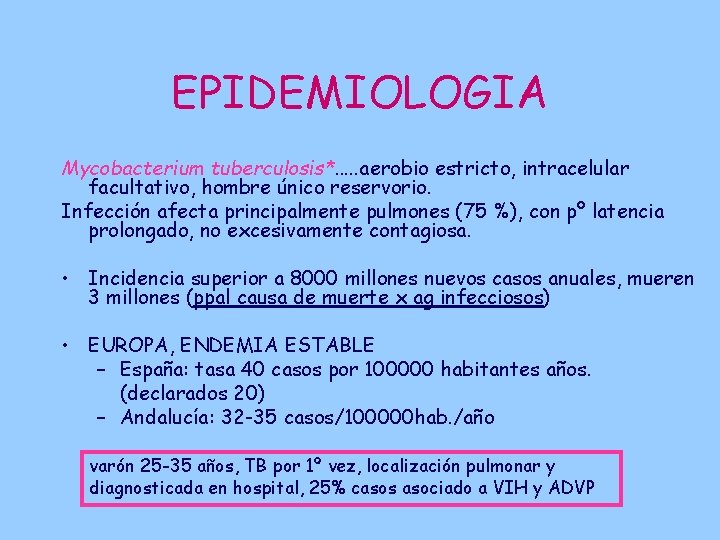 EPIDEMIOLOGIA Mycobacterium tuberculosis*. . . aerobio estricto, intracelular facultativo, hombre único reservorio. Infección afecta