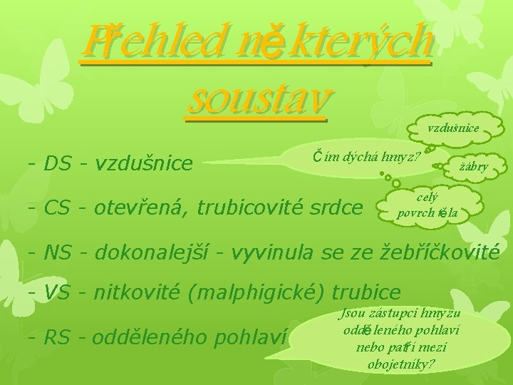 Přehled některých soustav vzdušnice - DS - vzdušnice Čím dýchá hmyz? - CS -