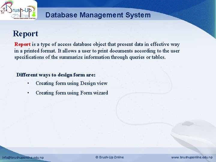 Database Management System Report is a type of access database object that present data