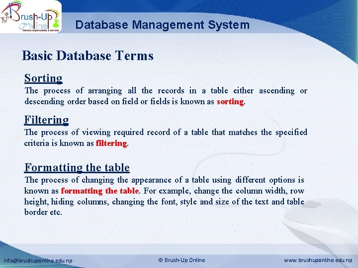 Database Management System Basic Database Terms Sorting The process of arranging all the records Database Management System Basic Database Terms Sorting The process of arranging all the records
