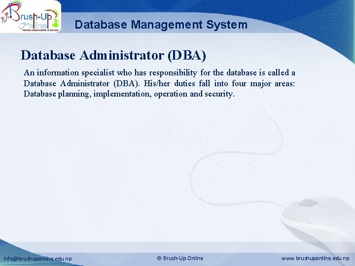 Database Management System Database Administrator (DBA) An information specialist who has responsibility for the Database Management System Database Administrator (DBA) An information specialist who has responsibility for the