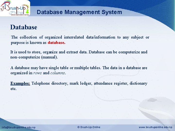 Database Management System Database The collection of organized interrelated data/information to any subject or Database Management System Database The collection of organized interrelated data/information to any subject or
