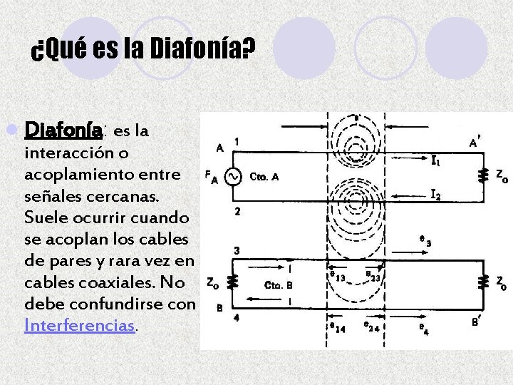 ¿Qué es la Diafonía? l Diafonía: es la interacción o acoplamiento entre señales cercanas.