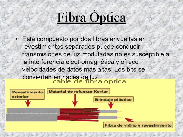 Fibra Óptica • Está compuesto por dos fibras envueltas en revestimientos separados puede conducir