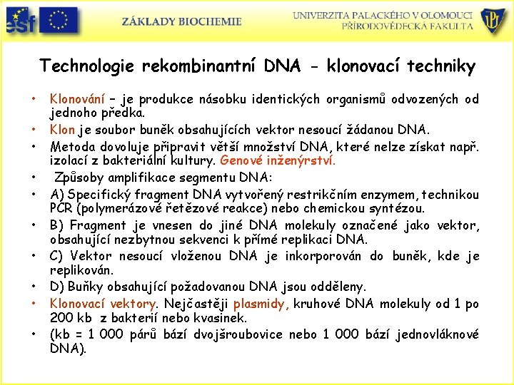 Technologie rekombinantní DNA - klonovací techniky • • • Klonování – je produkce násobku