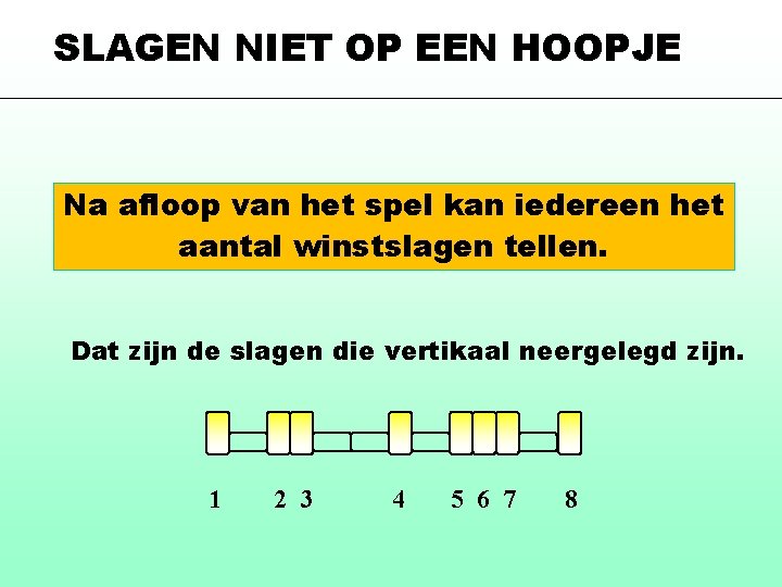 SLAGEN NIET OP EEN HOOPJE Na afloop van het spel kan iedereen het aantal