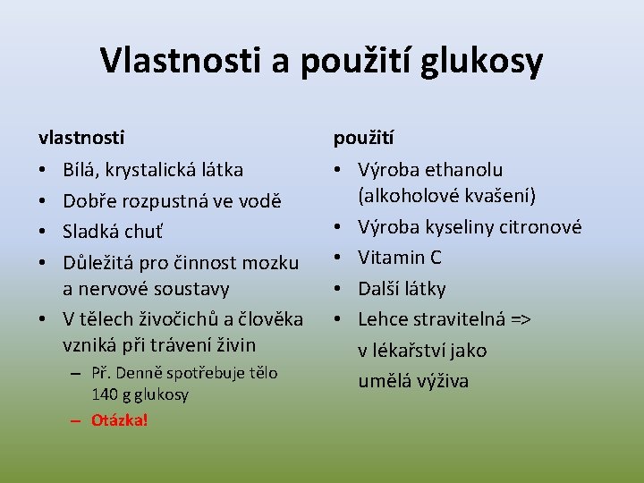Vlastnosti a použití glukosy vlastnosti • Bílá, krystalická látka • Dobře rozpustná ve vodě