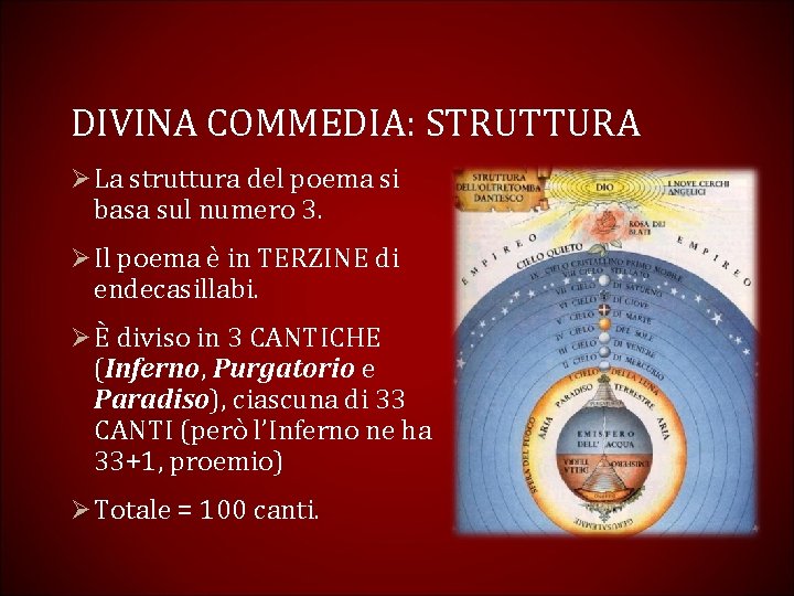 DIVINA COMMEDIA: STRUTTURA Ø La struttura del poema si basa sul numero 3. Ø