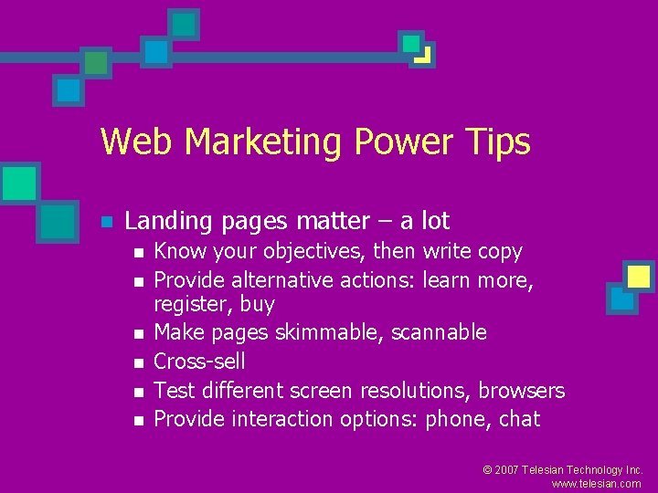 Web Marketing Power Tips n Landing pages matter – a lot n n n