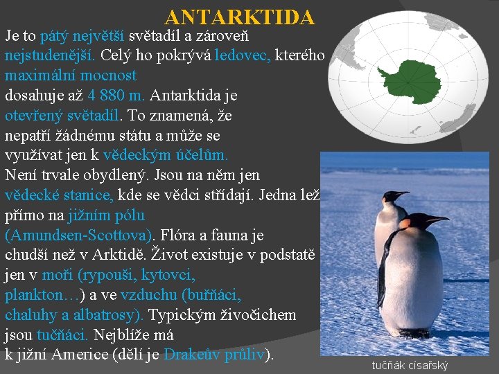 ANTARKTIDA Je to pátý největší světadíl a zároveň nejstudenější. Celý ho pokrývá ledovec, kterého