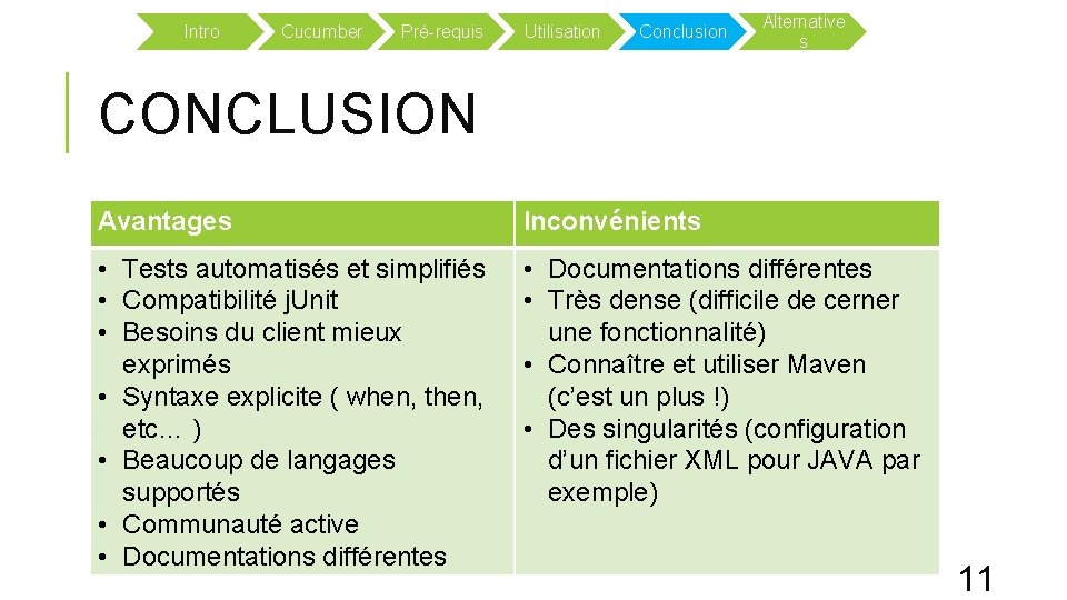 Intro Cucumber Pré-requis Utilisation Conclusion Alternative s CONCLUSION Avantages Inconvénients • Tests automatisés et