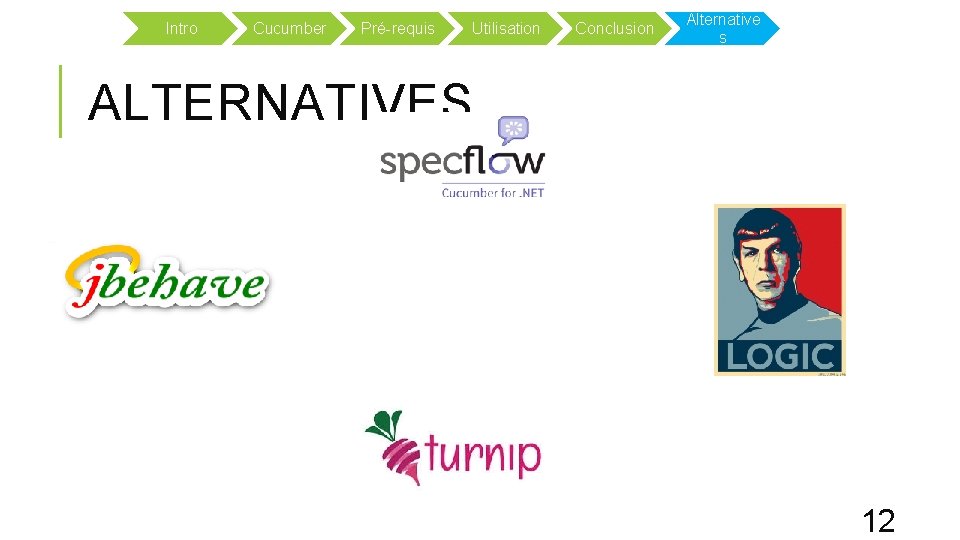 Intro Cucumber Pré-requis Utilisation Conclusion Alternative s ALTERNATIVES 12 