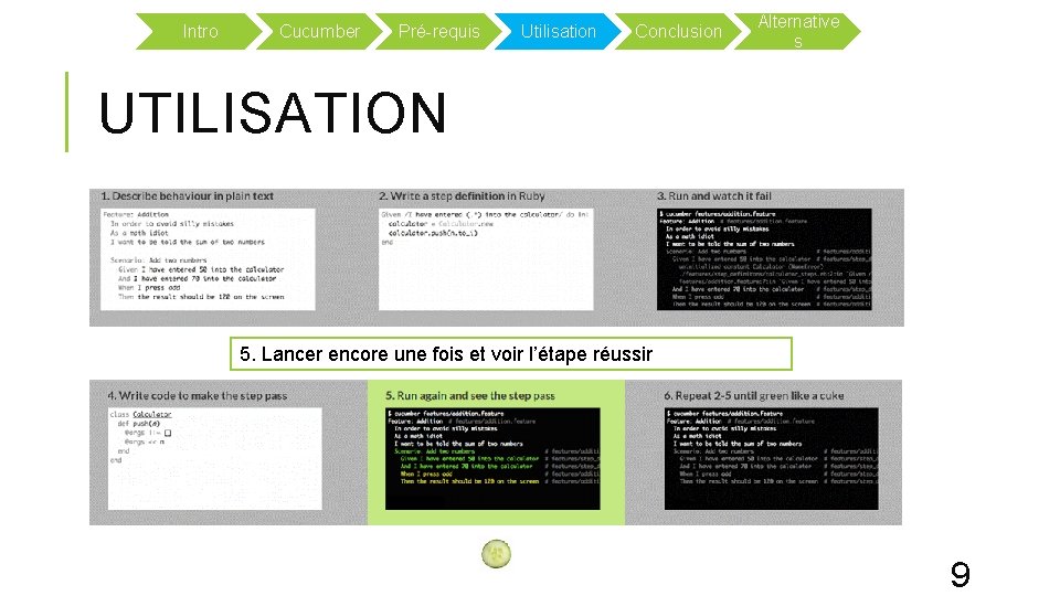 Intro Cucumber Pré-requis Utilisation Conclusion Alternative s UTILISATION 5. Lancer encore une fois et