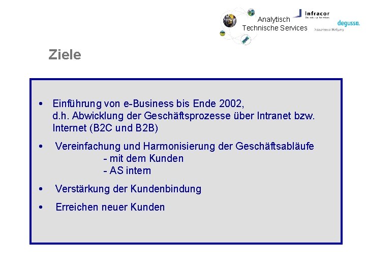 Analytisch Technische Services Ziele Einführung von e-Business bis Ende 2002, d. h. Abwicklung der