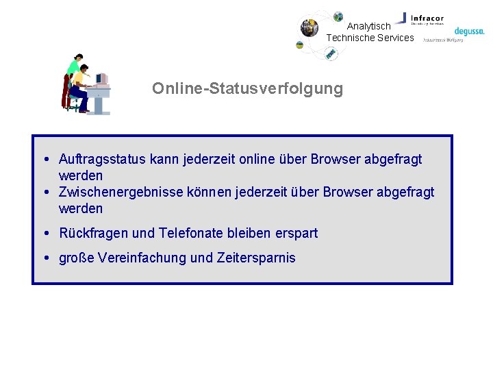 Analytisch Technische Services Online-Statusverfolgung Auftragsstatus kann jederzeit online über Browser abgefragt werden Zwischenergebnisse können