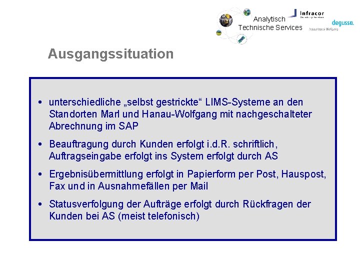 Analytisch Technische Services Ausgangssituation unterschiedliche „selbst gestrickte“ LIMS-Systeme an den Standorten Marl und Hanau-Wolfgang