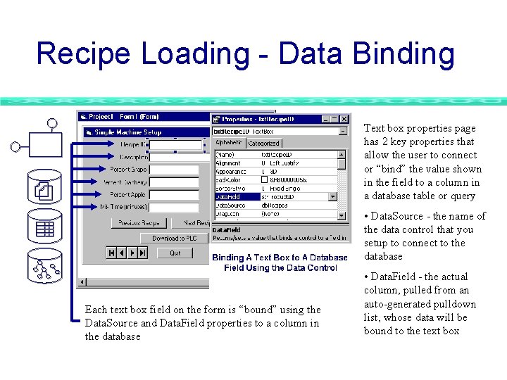 Recipe Loading - Data Binding Text box properties page has 2 key properties that Recipe Loading - Data Binding Text box properties page has 2 key properties that