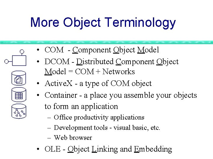 More Object Terminology • COM - Component Object Model • DCOM - Distributed Component More Object Terminology • COM - Component Object Model • DCOM - Distributed Component