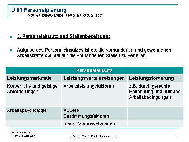 U 01 Personalplanung Vgl. Handwerkerfibel Teil 5, Band 3, S. 152 n 5. Personaleinsatz