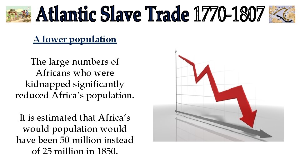 A lower population The large numbers of Africans who were kidnapped significantly reduced Africa’s A lower population The large numbers of Africans who were kidnapped significantly reduced Africa’s