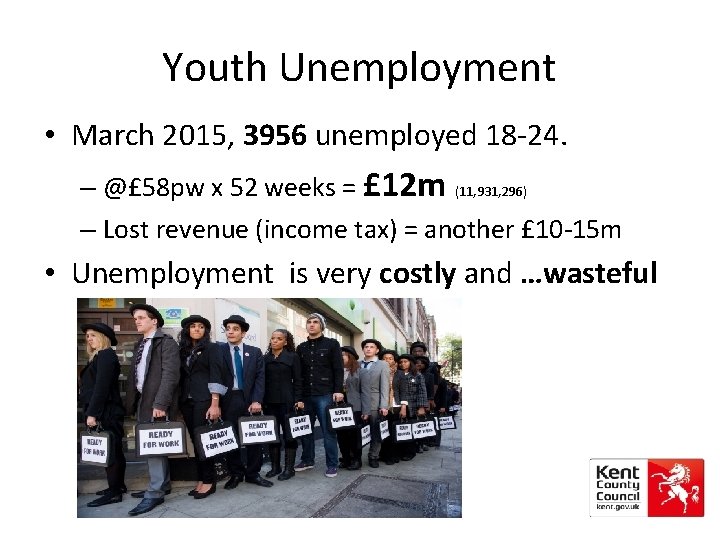 Youth Unemployment • March 2015, 3956 unemployed 18 -24. – @£ 58 pw x