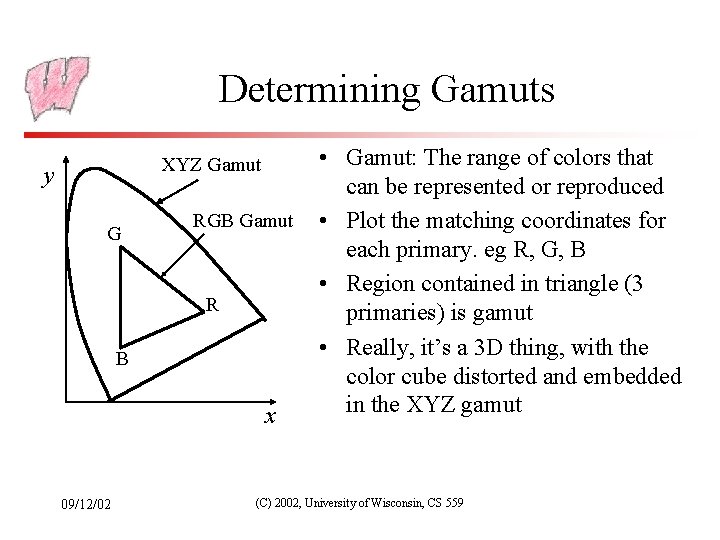 Determining Gamuts XYZ Gamut y G RGB Gamut R B x 09/12/02 • Gamut: