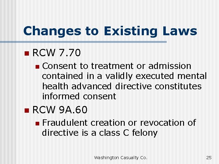 Changes to Existing Laws n RCW 7. 70 n n Consent to treatment or
