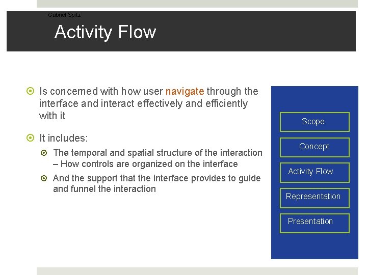 Gabriel Spitz Activity Flow Is concerned with how user navigate through the interface and