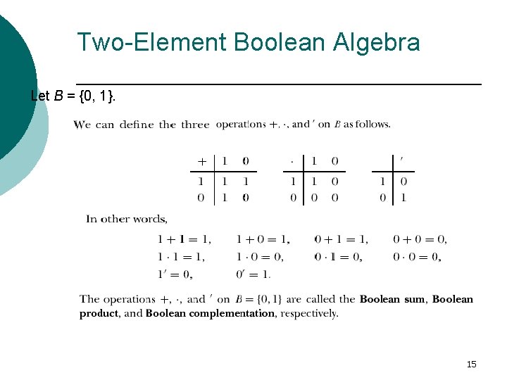 Two-Element Boolean Algebra Let B = {0, 1}. 15 